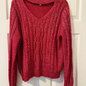 Olivia Sky Red V-Neck Cable Knit Sweater